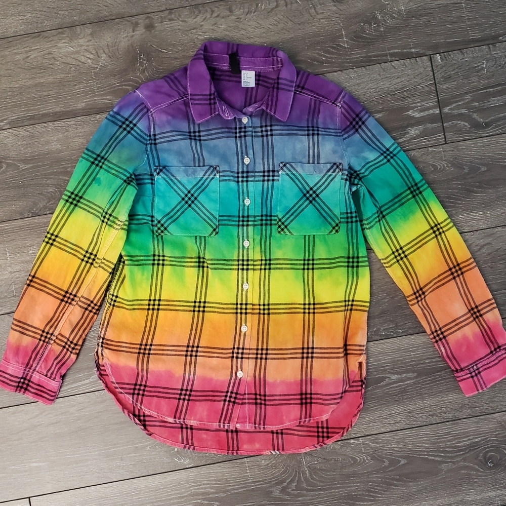 H&M rainbow hand tie dyed plaid shirt